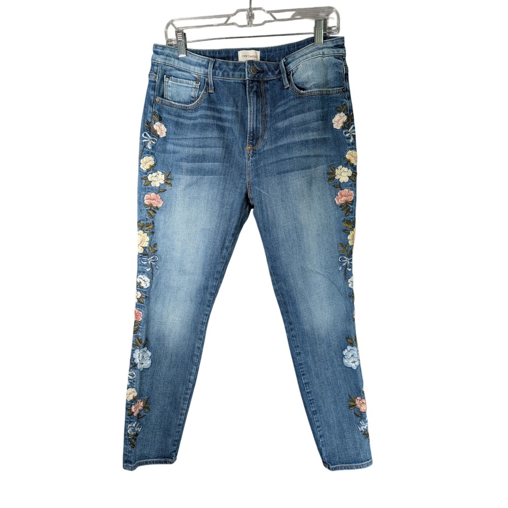 Driftwood Jackie High Rise Floral Embroidered Skinny Jeans Medium Wash Size 32 - Picture 2 of 10